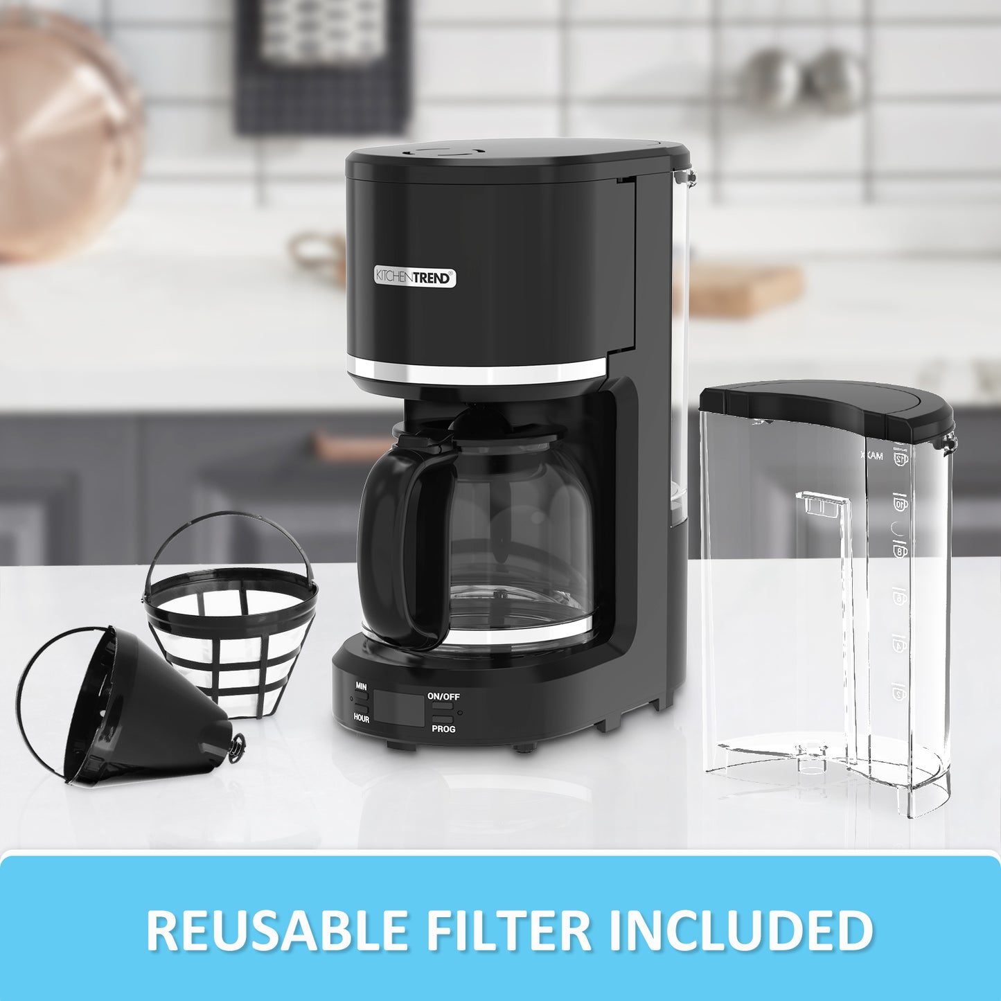 KITCHENTREND Programmable Drip 12 Cup Coffee Maker with Reusable Filter, For Home and Office Drip Coffee Maker Removable Water Reservoir Non-Drip Carafe,Swing Open Brew Basket (0897V871AA01)
